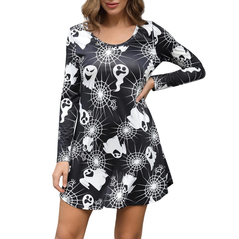 5578 Long Sleeve Funny Halloween Print Tunic Dress Cute Swing Costume Ghost